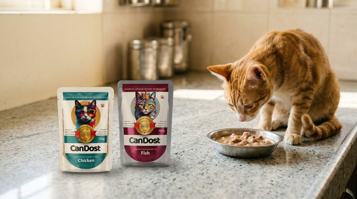 An orange tabby cat eating wet cat food from a steel bowl on a kitchen counter, next to CanDost Chicken and Fish wet cat food pouches