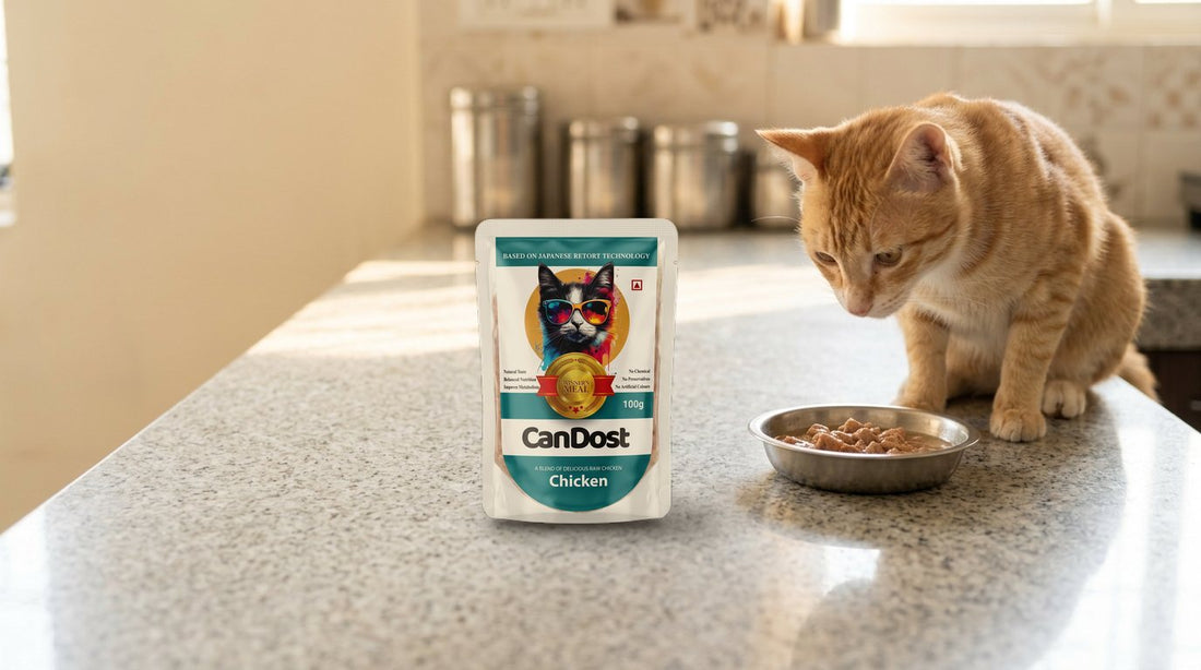 An orange tabby cat on a kitchen counter eating wet cat food from a steel bowl, next to a CanDost Chicken wet cat food pouch