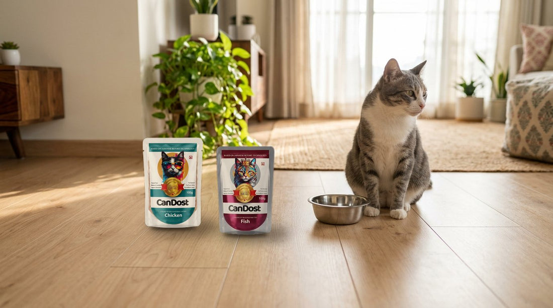A grey and white cat beside a steel bowl on a wooden floor, with CanDost Chicken and Fish wet cat food pouches
