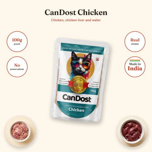 CanDost Chicken: chicken, chicken liver and water. 100g pouch, no preservatives, real chicken, made in India.