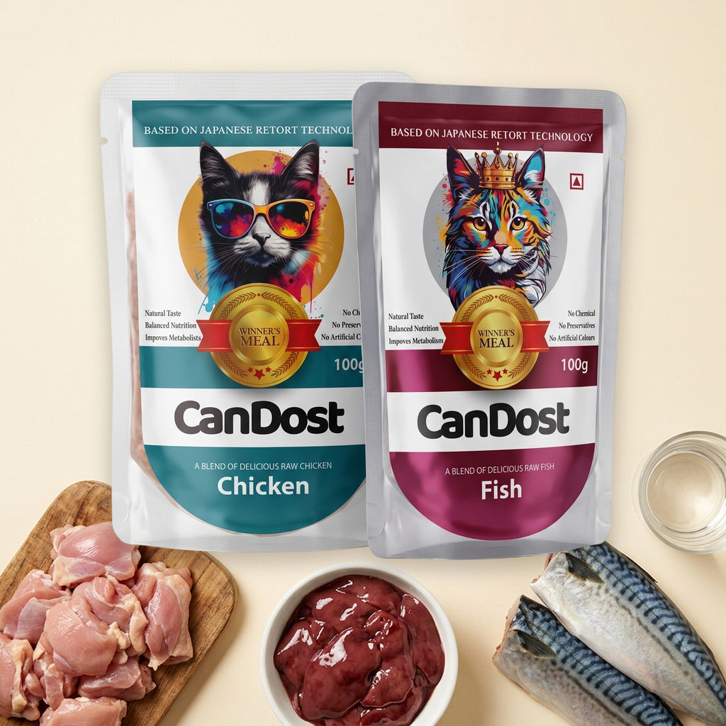 CanDost Chicken and Fish wet cat food pouches, 100g each, with raw chicken, chicken liver, mackerel and water.