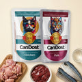 CanDost Chicken and Fish wet cat food pouches, 100g each, with raw chicken, chicken liver, mackerel and water.