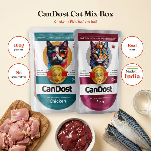 CanDost Cat Mix Box: Chicken and Fish 100g pouches with raw chicken, chicken liver and mackerel. No preservatives, real meat, made in India.