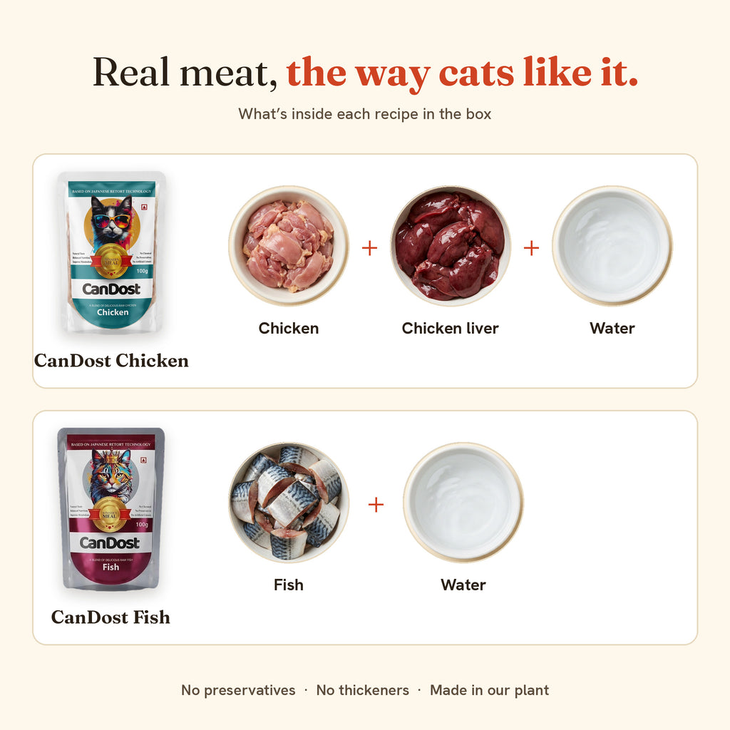 Real meat, the way cats like it: CanDost Chicken is chicken, chicken liver and water; CanDost Fish is fish and water. No preservatives, no thickeners.