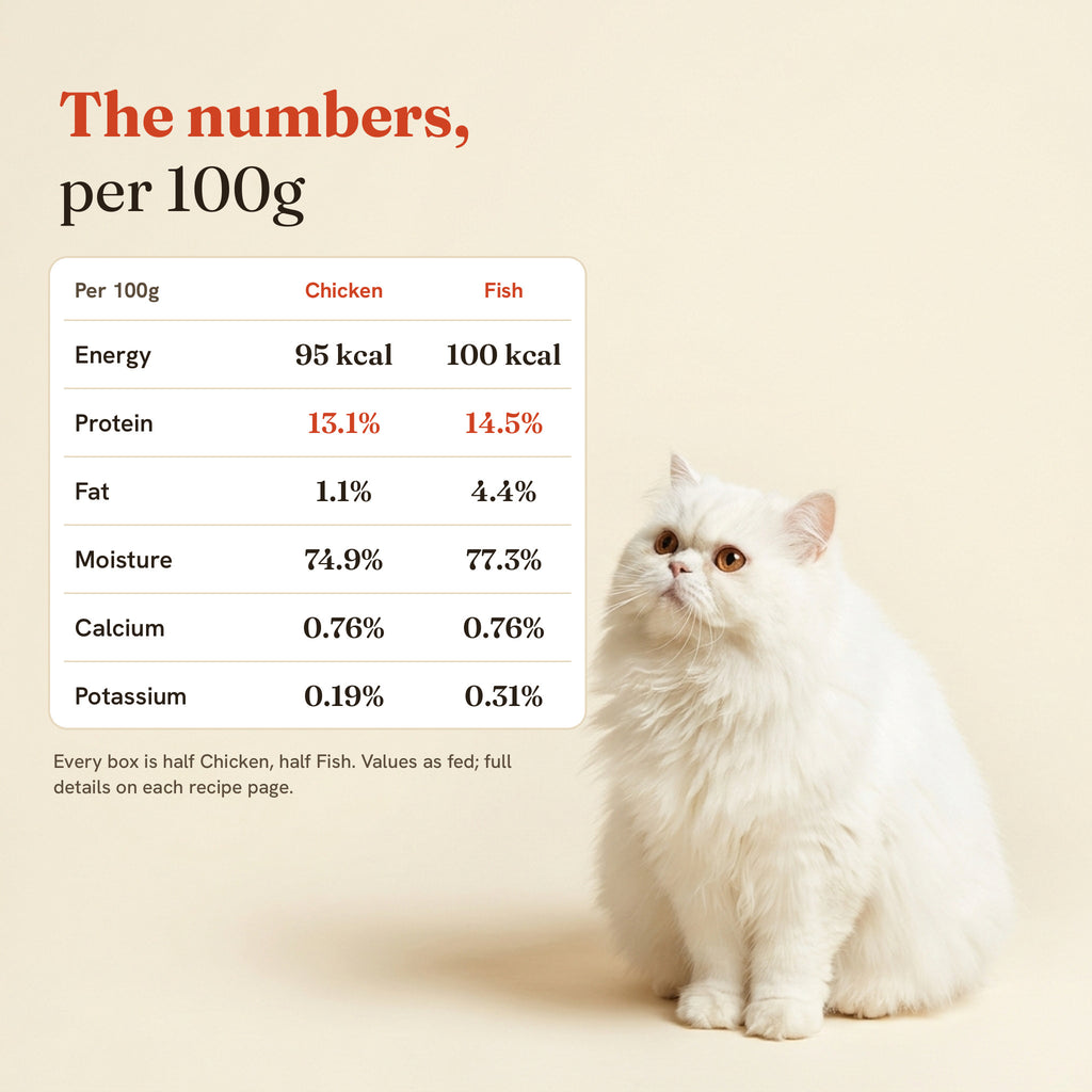 Nutrition per 100g for CanDost Chicken and Fish: energy, protein, fat, moisture, calcium and potassium.