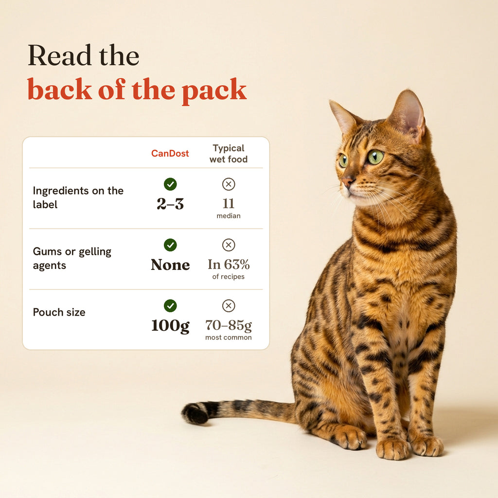CanDost compared with typical wet cat food: 2 to 3 ingredients, no gums or gelling agents, 100g pouch.